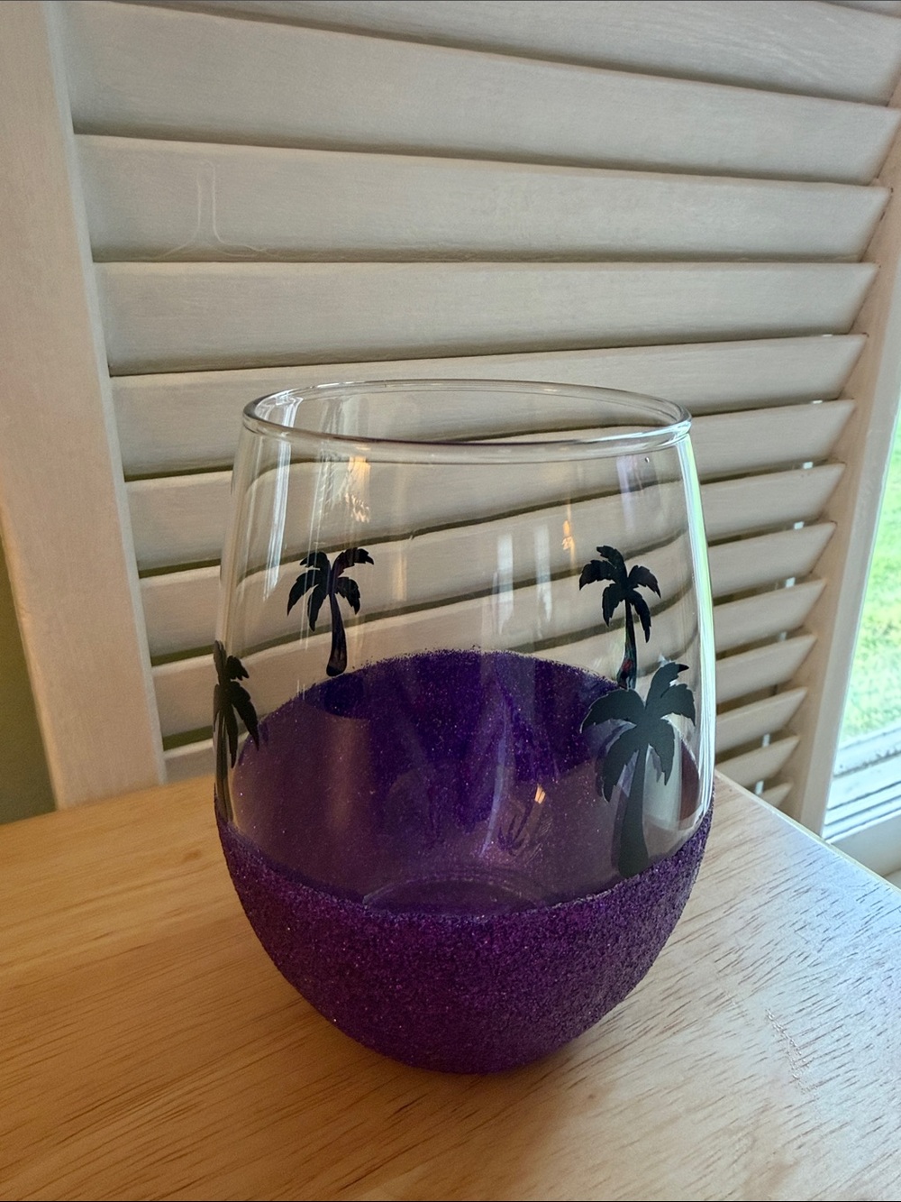 Tropical stemless Wineglass unbranded glitter dipped base palm tree decals
